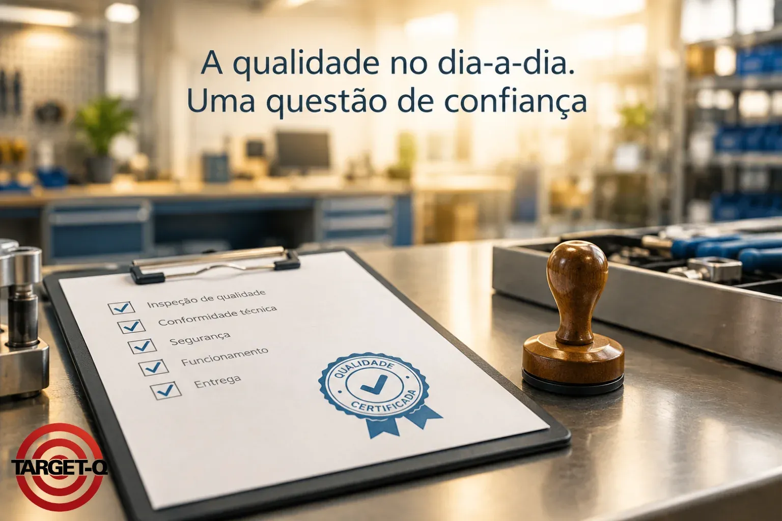 Prancheta de inspeção de qualidade e carimbo, com o título "A qualidade no dia a dia"