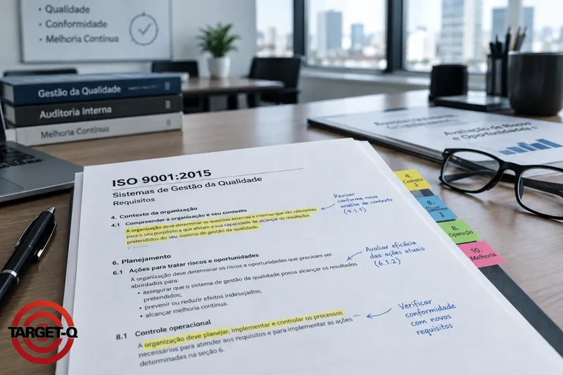 Texto da ISO 9001:2015 marcado a caneta, com anotações de revisão