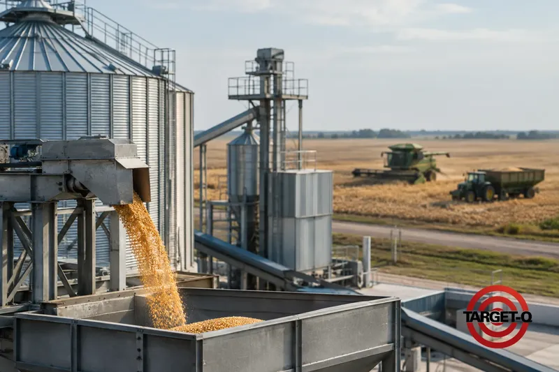 Silos de grãos e descarga de milho, com colheitadeira trabalhando no campo ao fundo