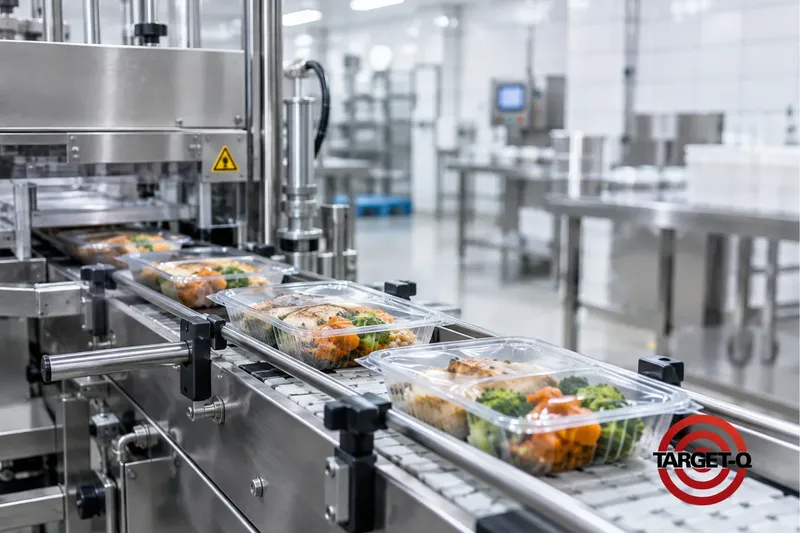 Esteira de envase de refeições prontas em embalagens transparentes numa fábrica de alimentos