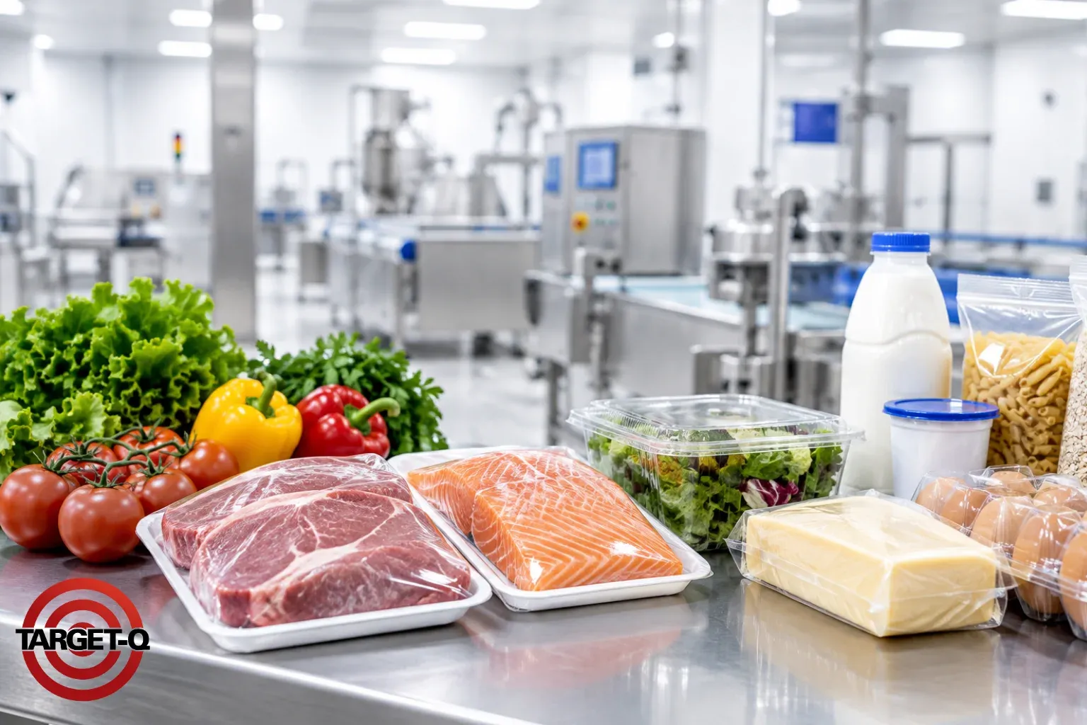 Carnes, laticínios e hortaliças embalados numa bancada de inox da indústria de alimentos