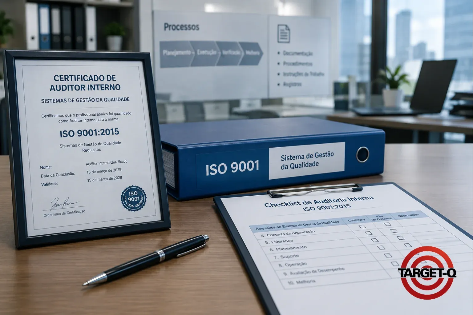 Certificado de auditor interno ISO 9001 emoldurado, pasta do sistema de gestão da qualidade e checklist de auditoria interna sobre a mesa