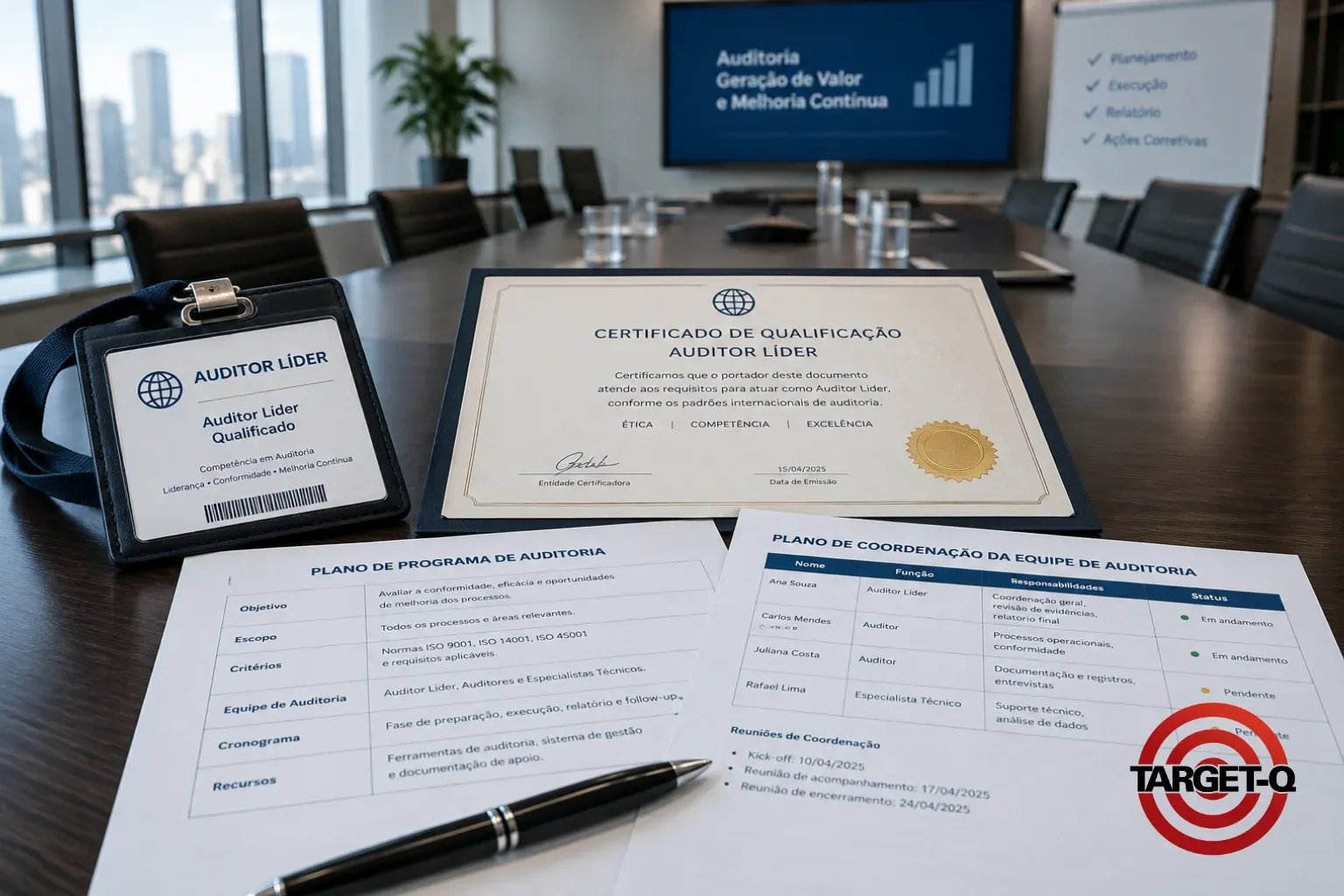 Crachá e certificado de qualificação de auditor líder sobre a mesa de reunião, com o plano do programa de auditoria