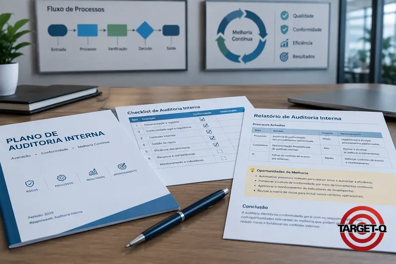 Plano, checklist e relatório de auditoria interna sobre a mesa, com o fluxo de processos e o ciclo de melhoria contínua ao fundo