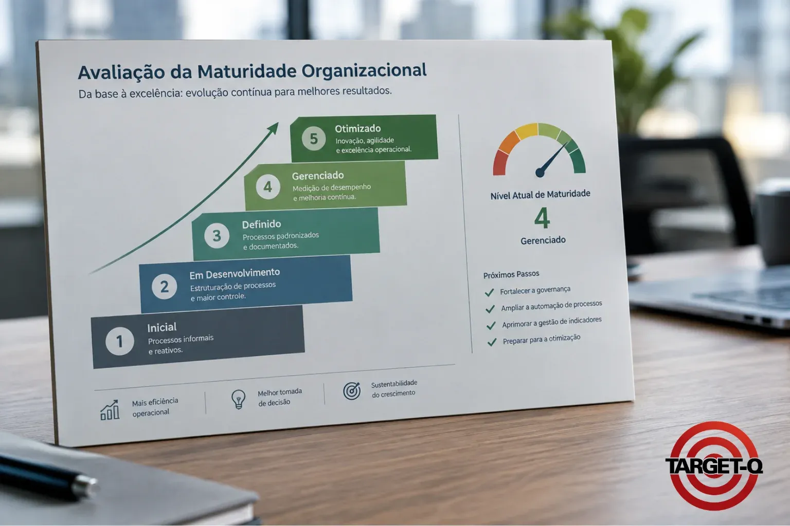 Escada de maturidade organizacional em cinco níveis com o indicador no nível atual