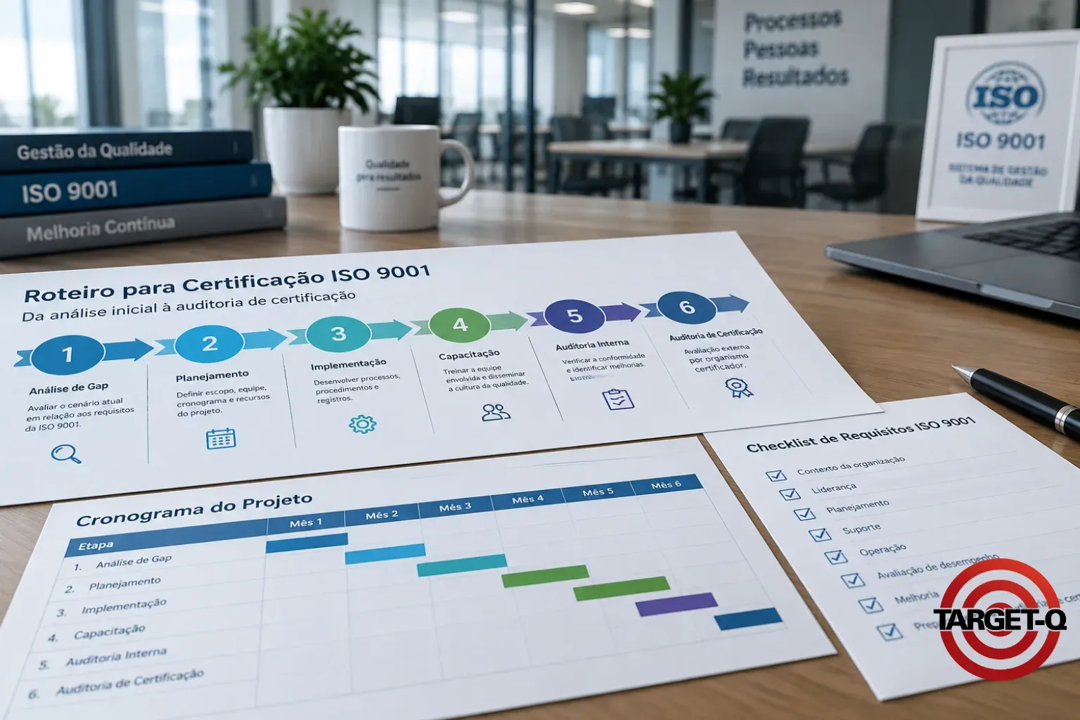 Roteiro para a certificação ISO 9001 em seis etapas e cronograma do projeto sobre a mesa do escritório