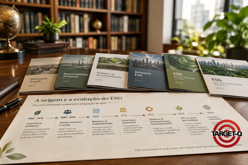 Linha do tempo da origem e da evolução do ESG sobre a mesa, com relatórios de sustentabilidade