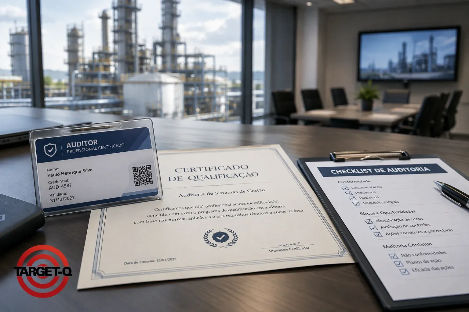Crachá de auditor, certificado de qualificação e checklist de auditoria sobre a mesa
