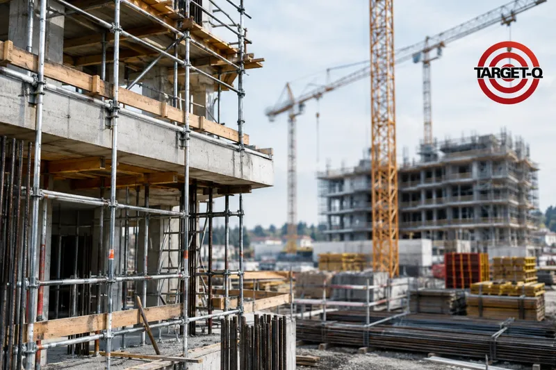 Prédio em construção com andaimes e guindastes