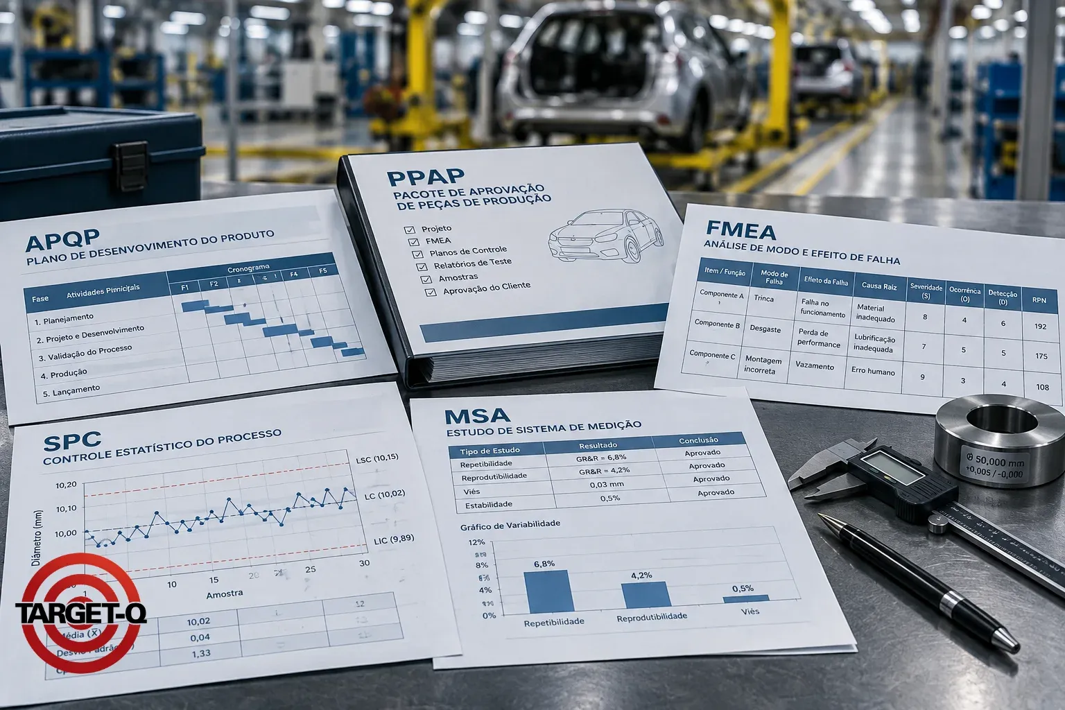 Manuais de APQP, PPAP, FMEA, CEP e MSA sobre a bancada, com paquímetro
