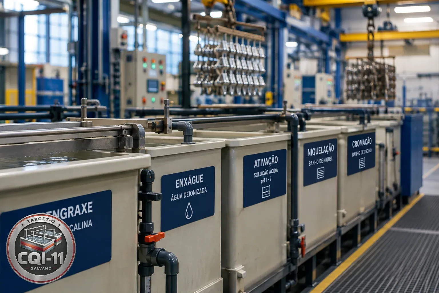 Linha de tanques de galvanoplastia com as etapas identificadas, com o selo CQI-11
