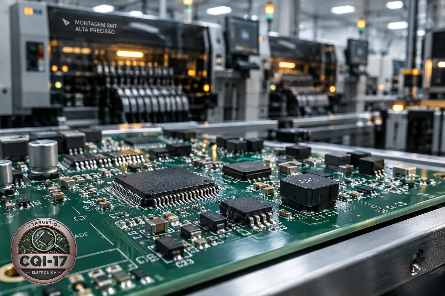 Placa eletrônica saindo da linha de montagem SMT, com o selo CQI-17