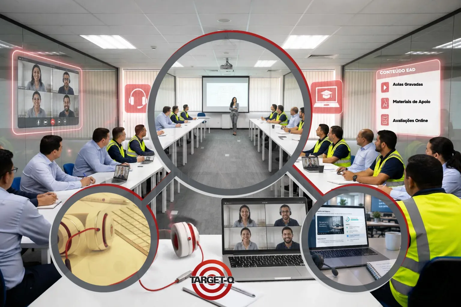 Turma em sala de treinamento com instrutora, em destaque as aulas online, o notebook e o fone de ouvido — os formatos presencial, online ao vivo e EAD