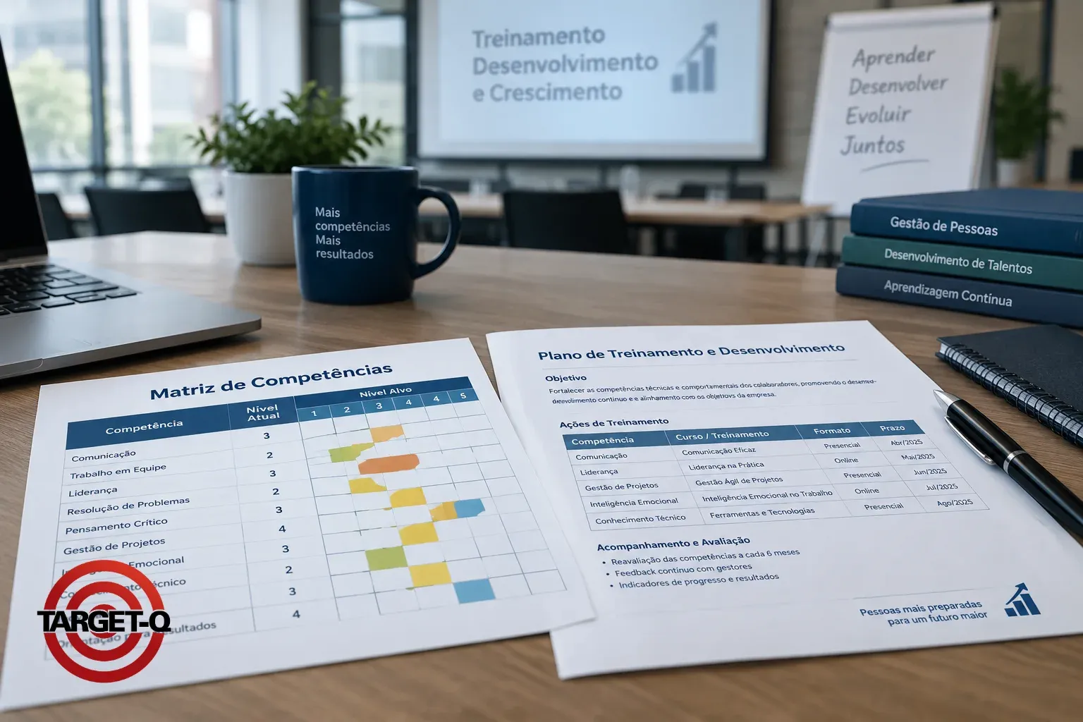 Matriz de competências e plano de treinamento e desenvolvimento sobre a mesa