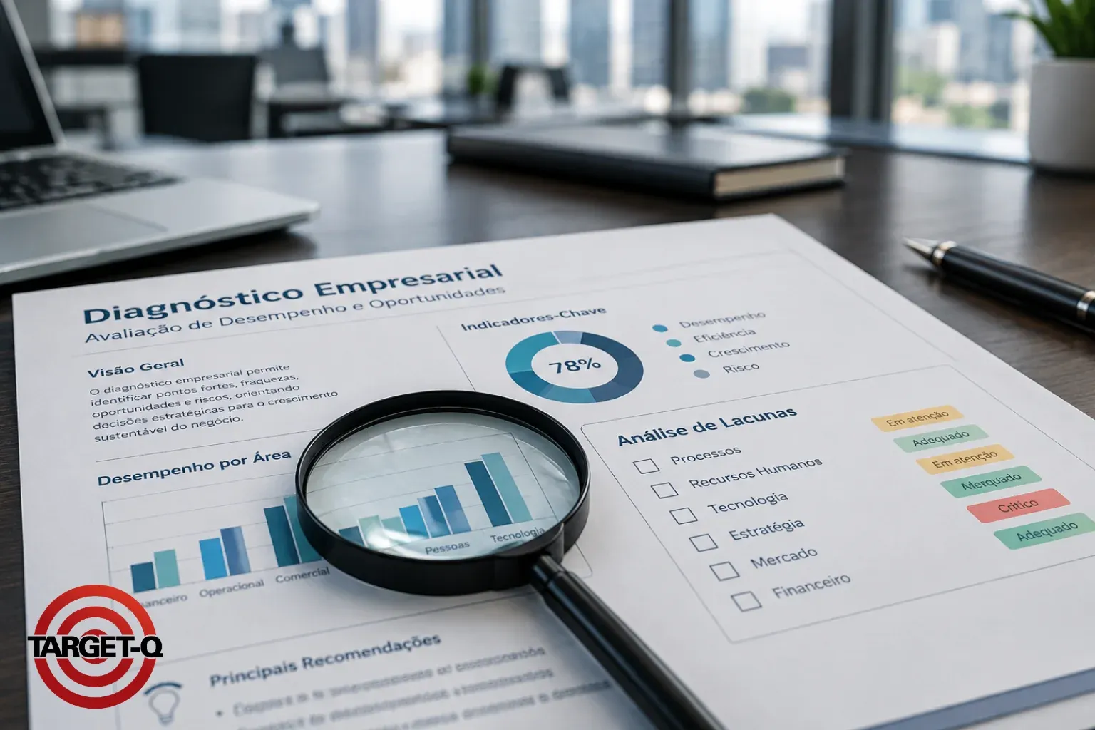 Relatório de diagnóstico empresarial com indicadores, análise de lacunas e uma lupa