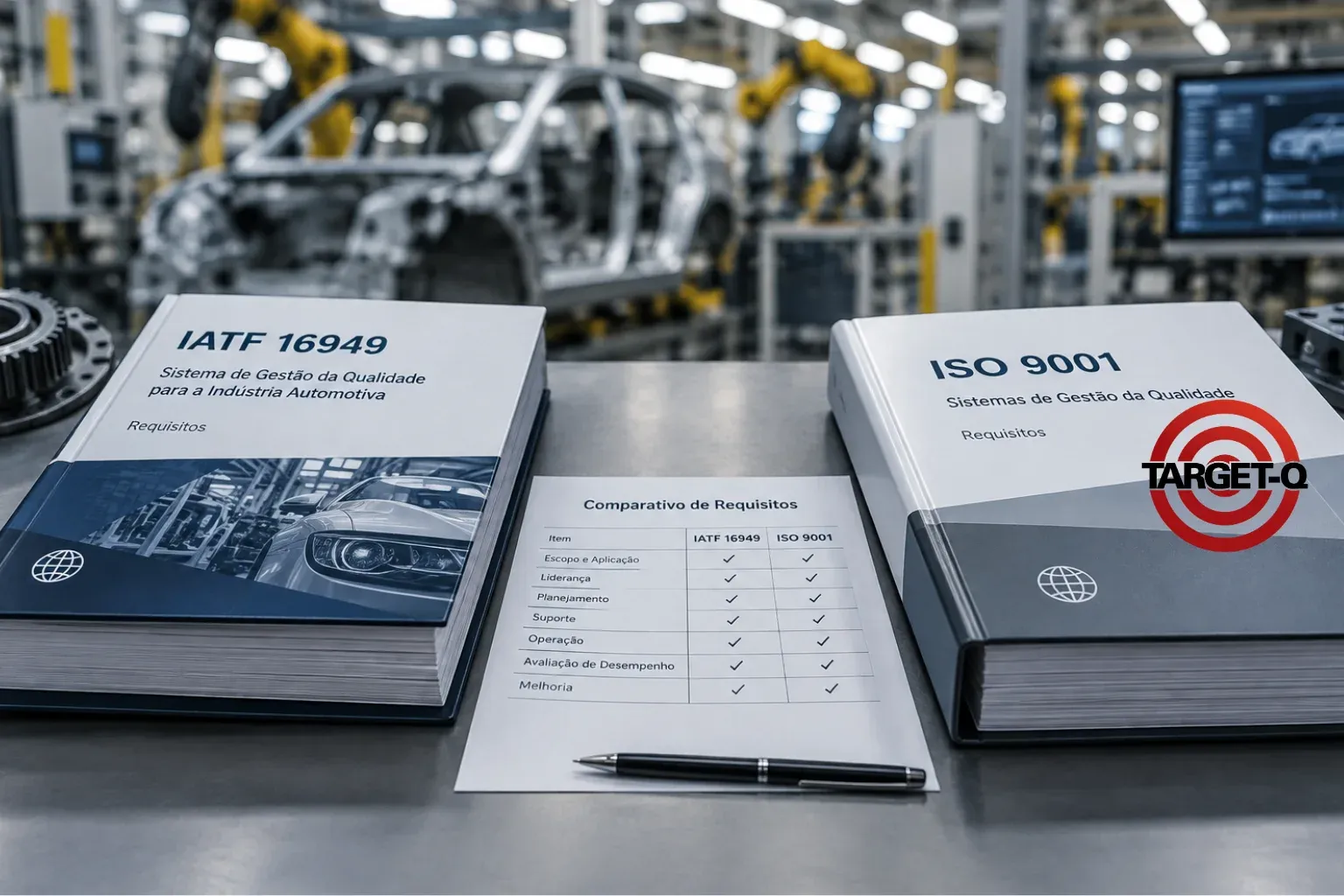 Normas IATF 16949 e ISO 9001 lado a lado com um comparativo de requisitos