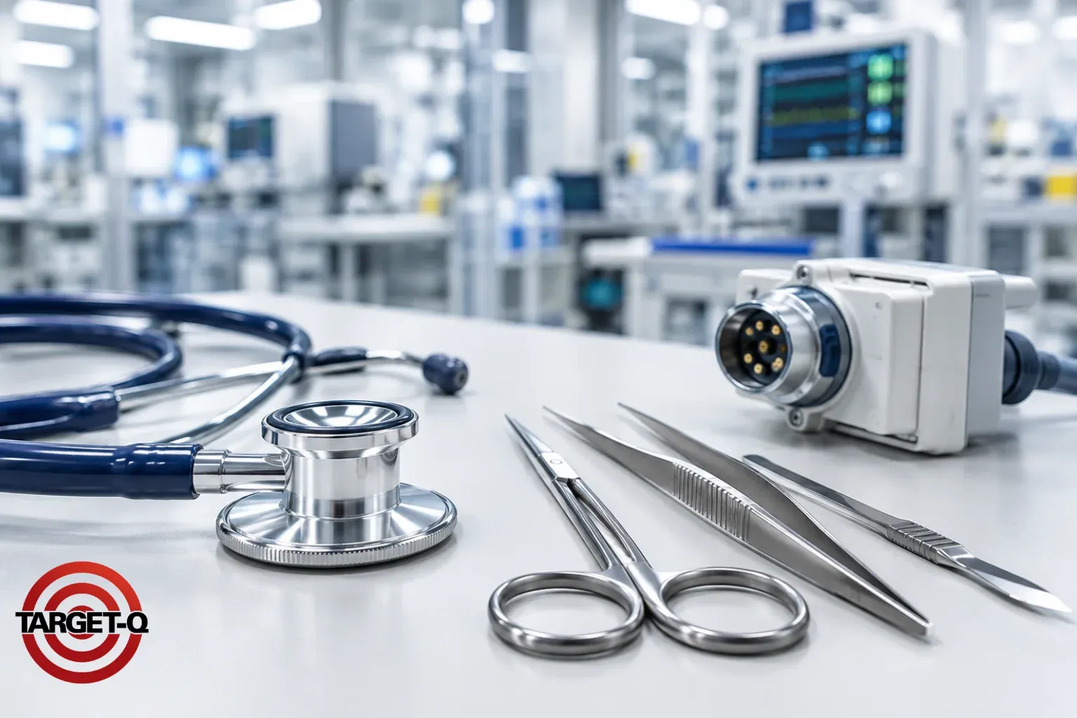 Estetoscópio, instrumentos cirúrgicos e equipamento médico numa bancada de fabricação