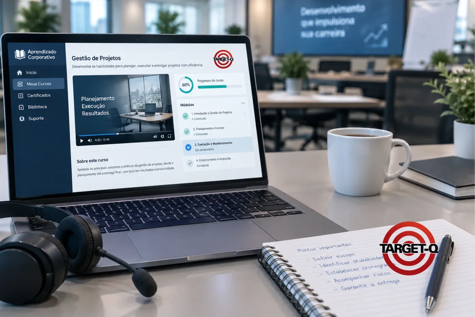 Notebook com a plataforma de aprendizagem corporativa aberta num curso, fone de ouvido e caderno de anotações