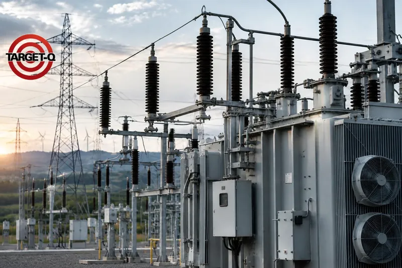 Subestação de energia elétrica com transformadores e torres de transmissão ao entardecer