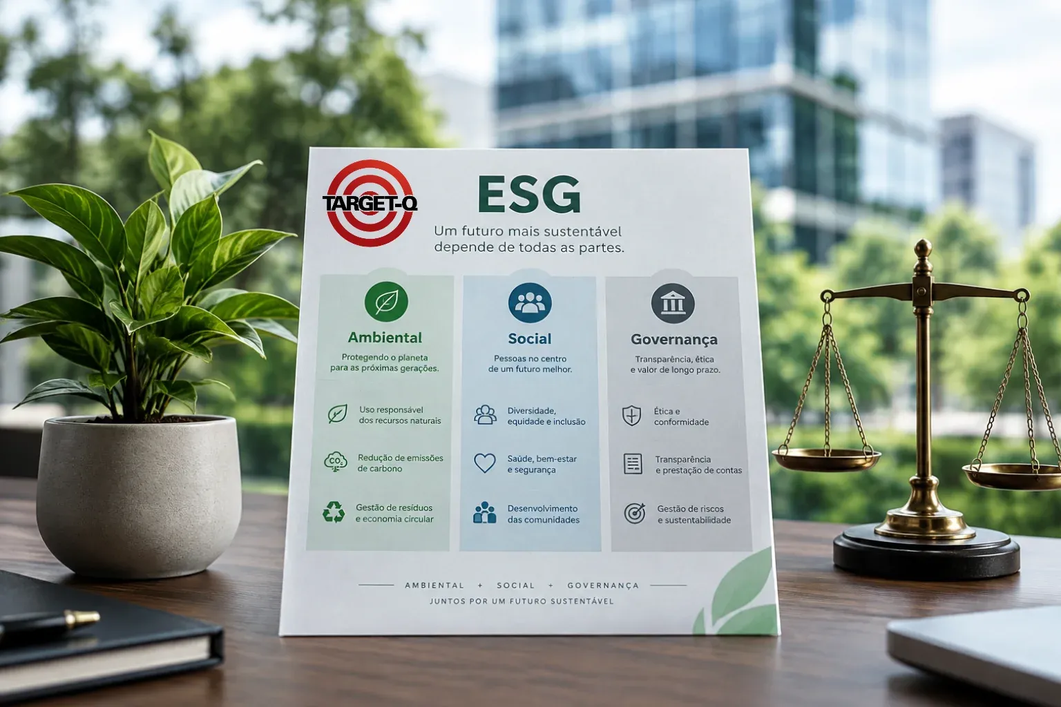 Folheto de ESG com os pilares ambiental, social e governança, uma planta e uma balança