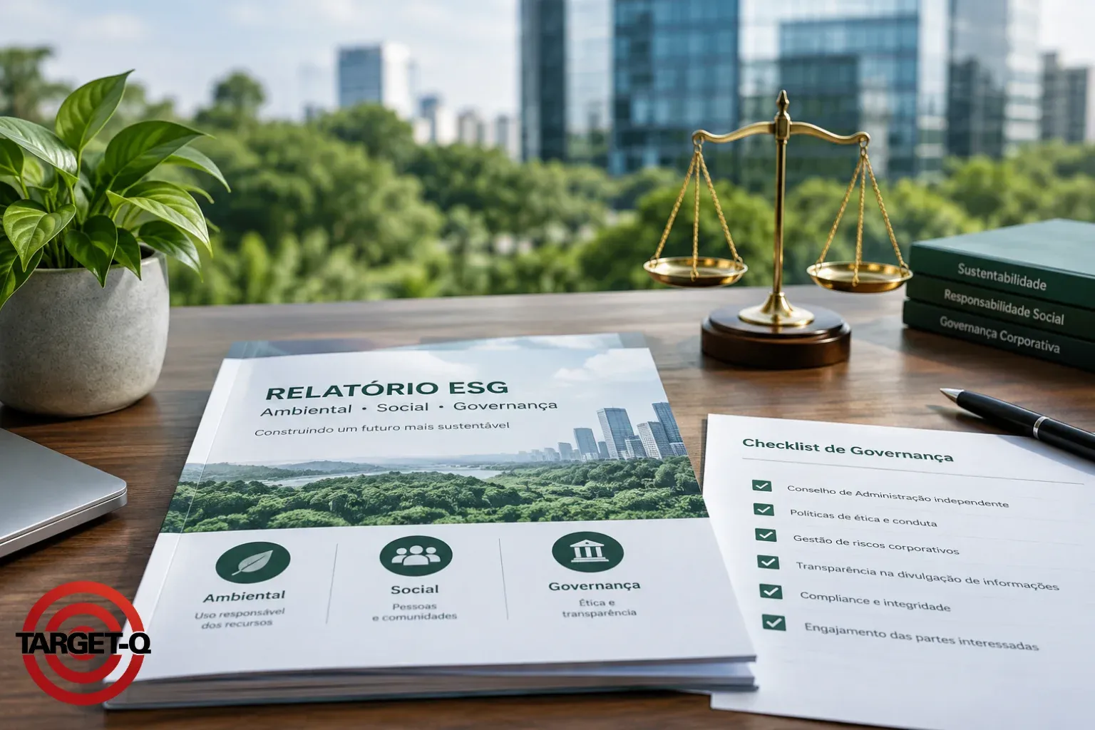 Relatório ESG com os pilares ambiental, social e governança e um checklist de governança