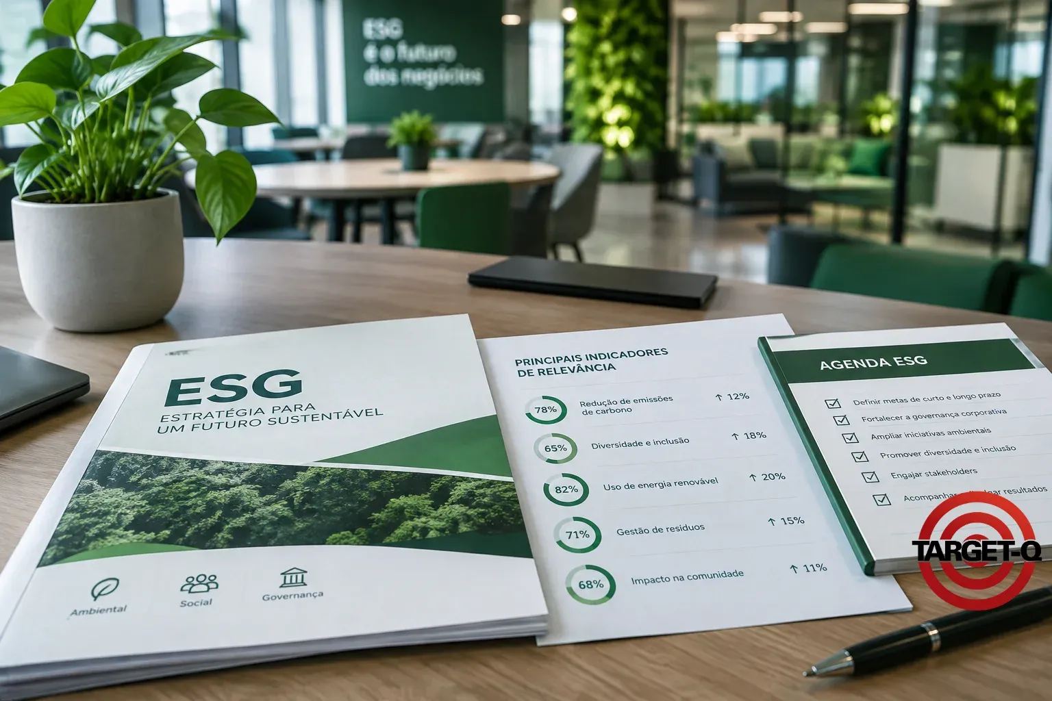 Documento de estratégia ESG com indicadores de relevância e a agenda ESG