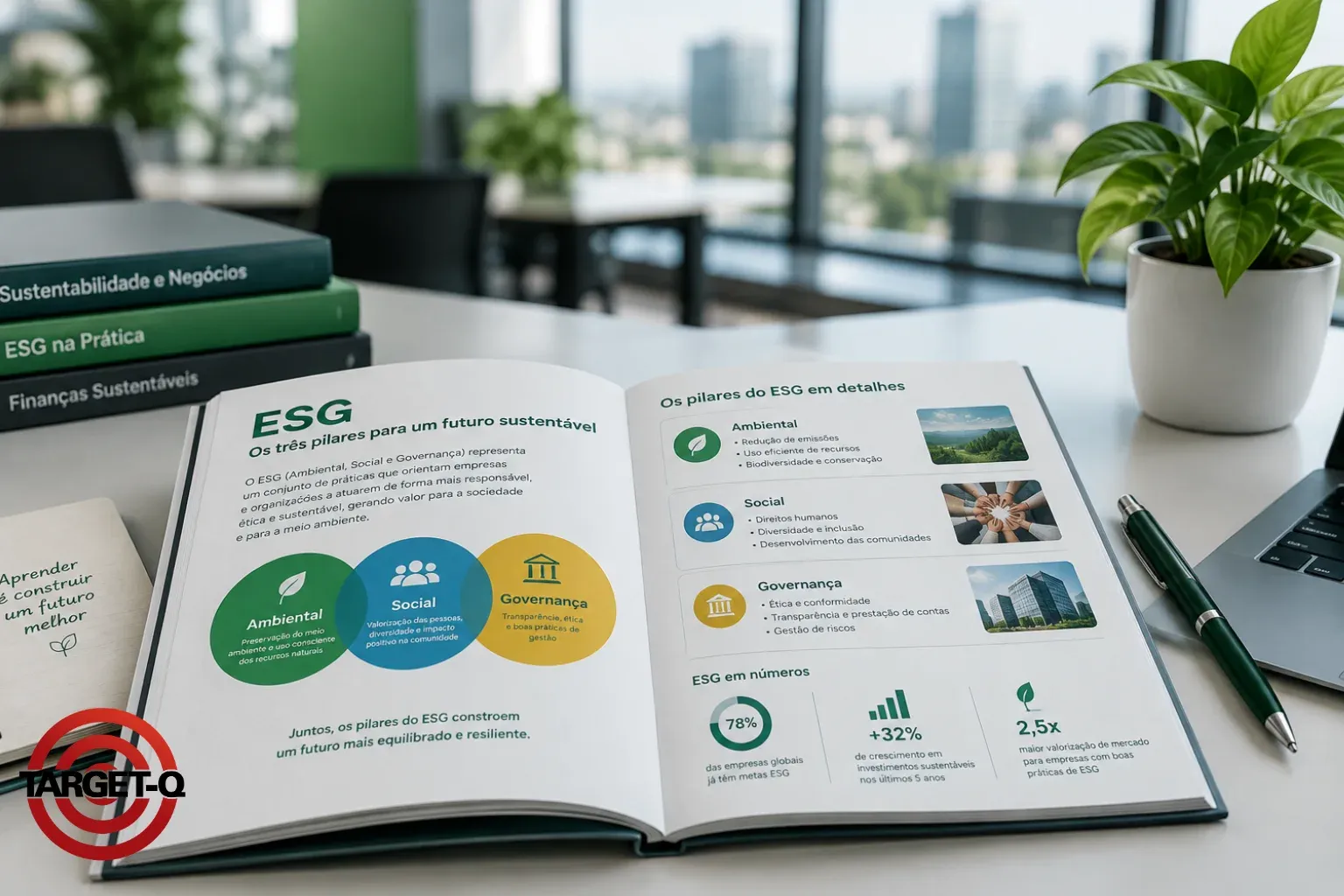 Livro aberto explicando os três pilares do ESG com números e exemplos