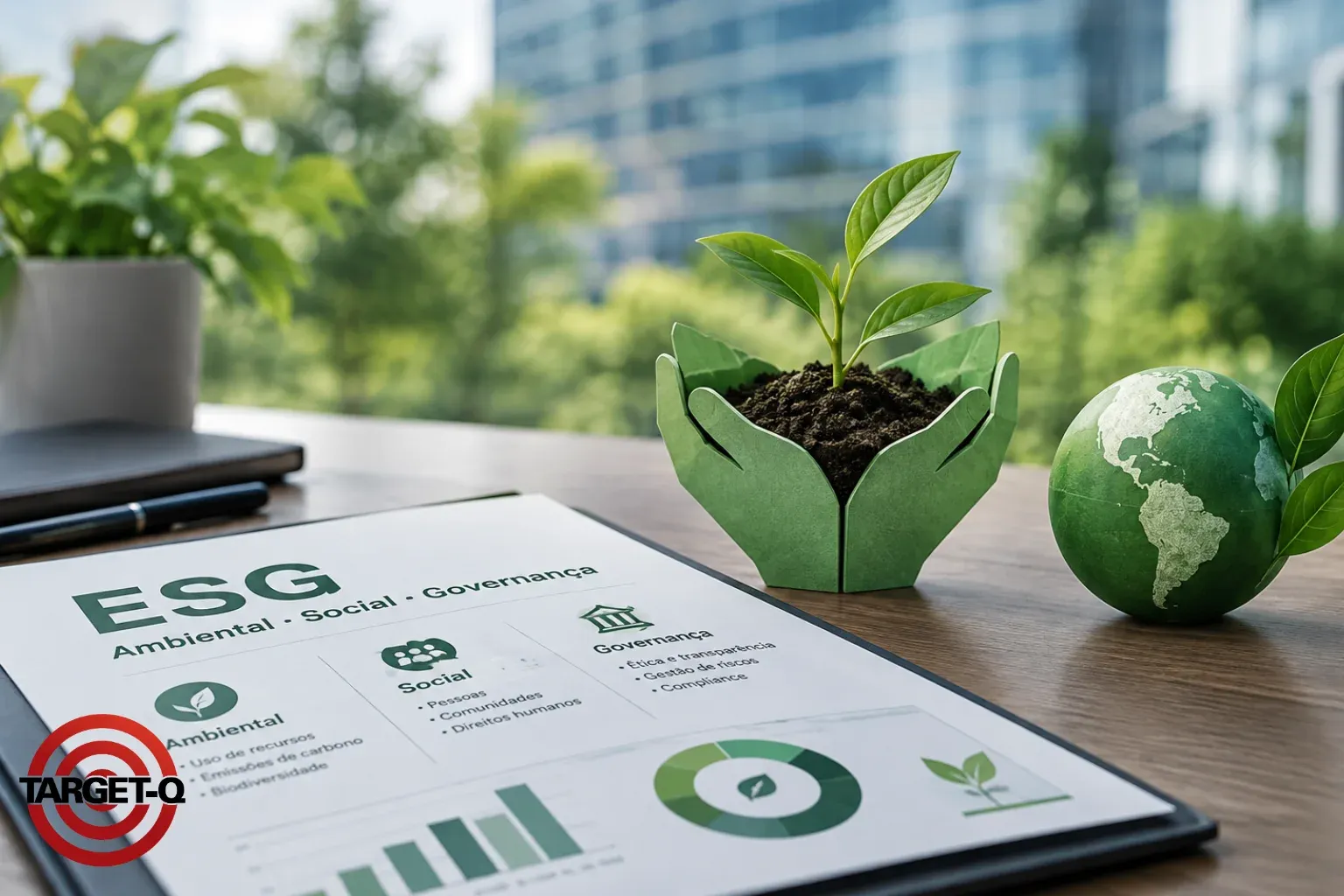 Documento de ESG com os pilares ambiental, social e governança, uma muda de planta e um globo