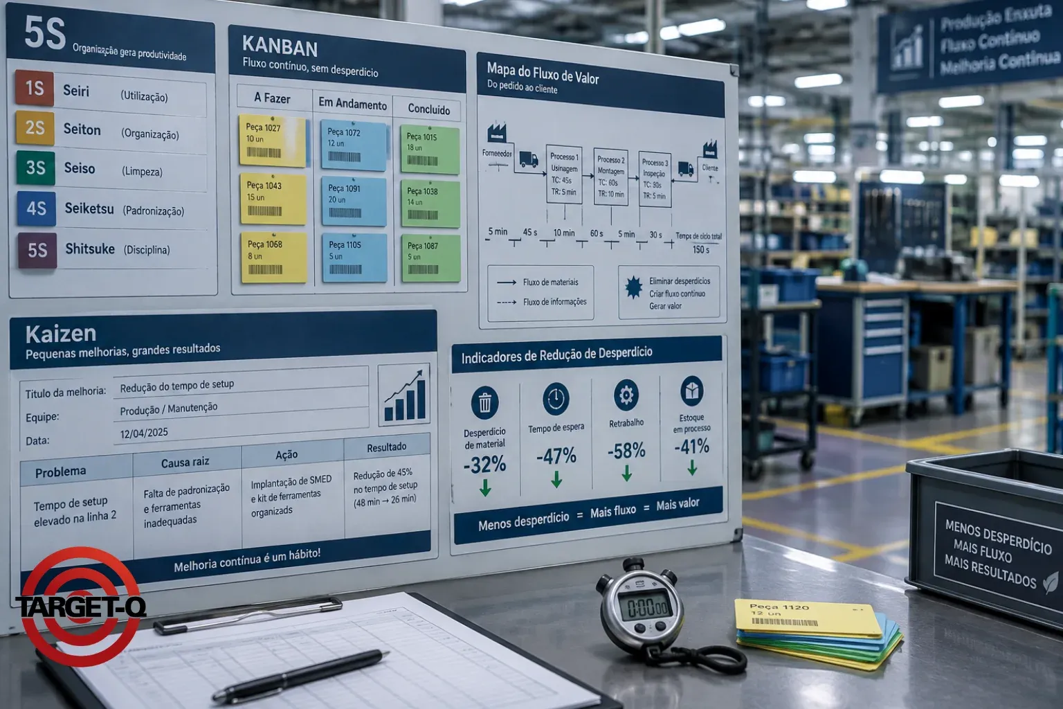 Quadro de 5S, kanban, mapa do fluxo de valor e kaizen na fábrica