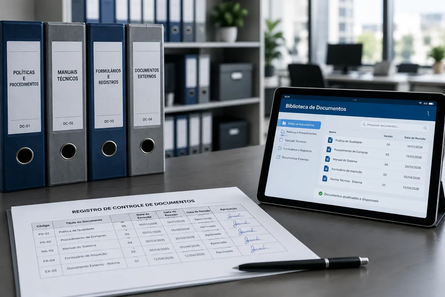 Pastas de políticas, manuais e registros ao lado do registro de controle de documentos