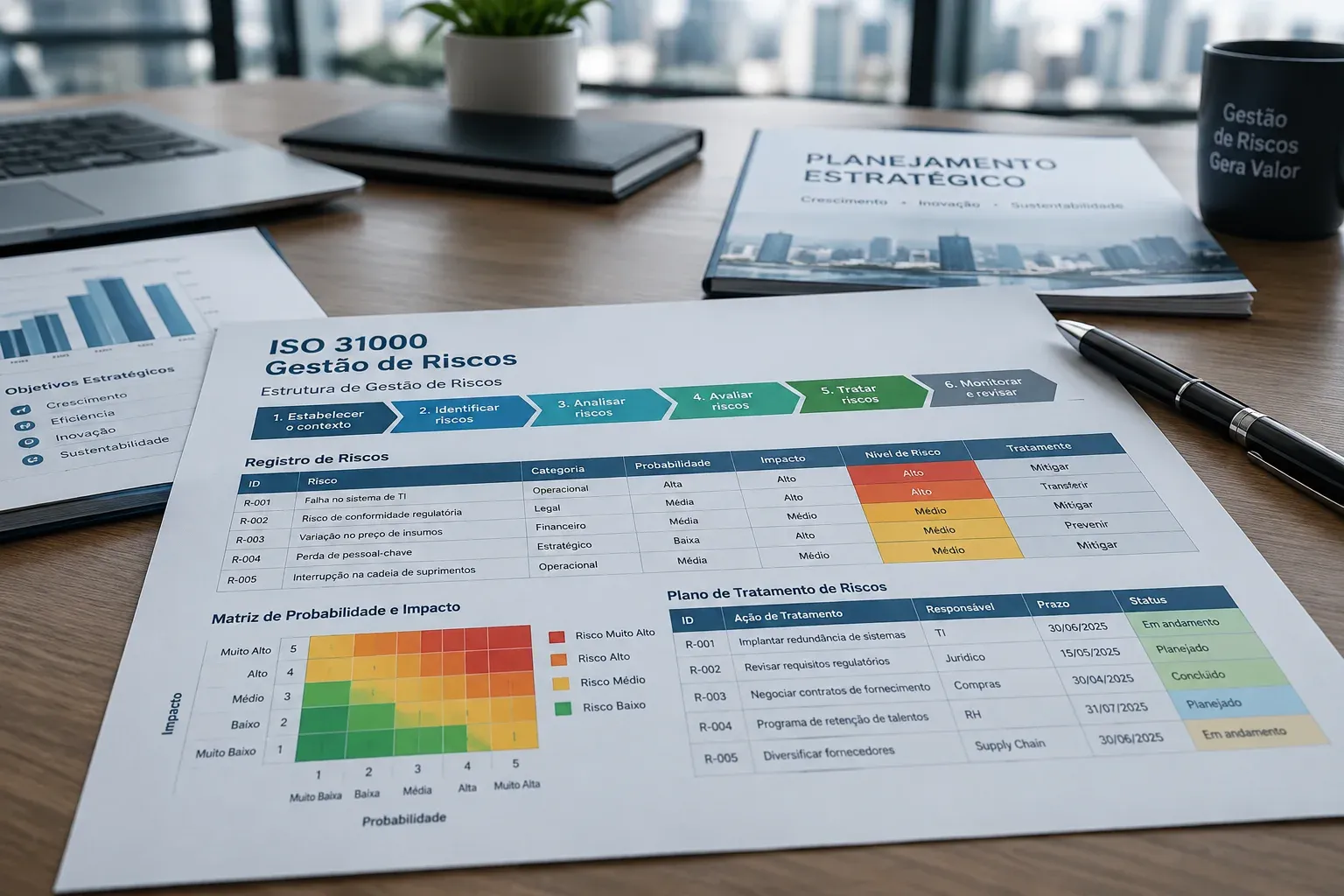 Registro de riscos, matriz de probabilidade e impacto e plano de tratamento da ISO 31000