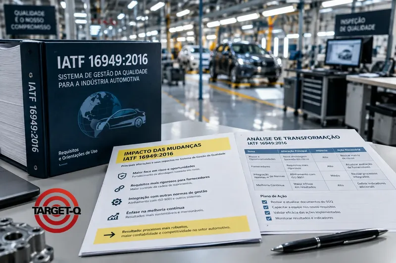 Manual da IATF 16949:2016 e quadro com o impacto das mudanças, com a linha de montagem automotiva ao fundo