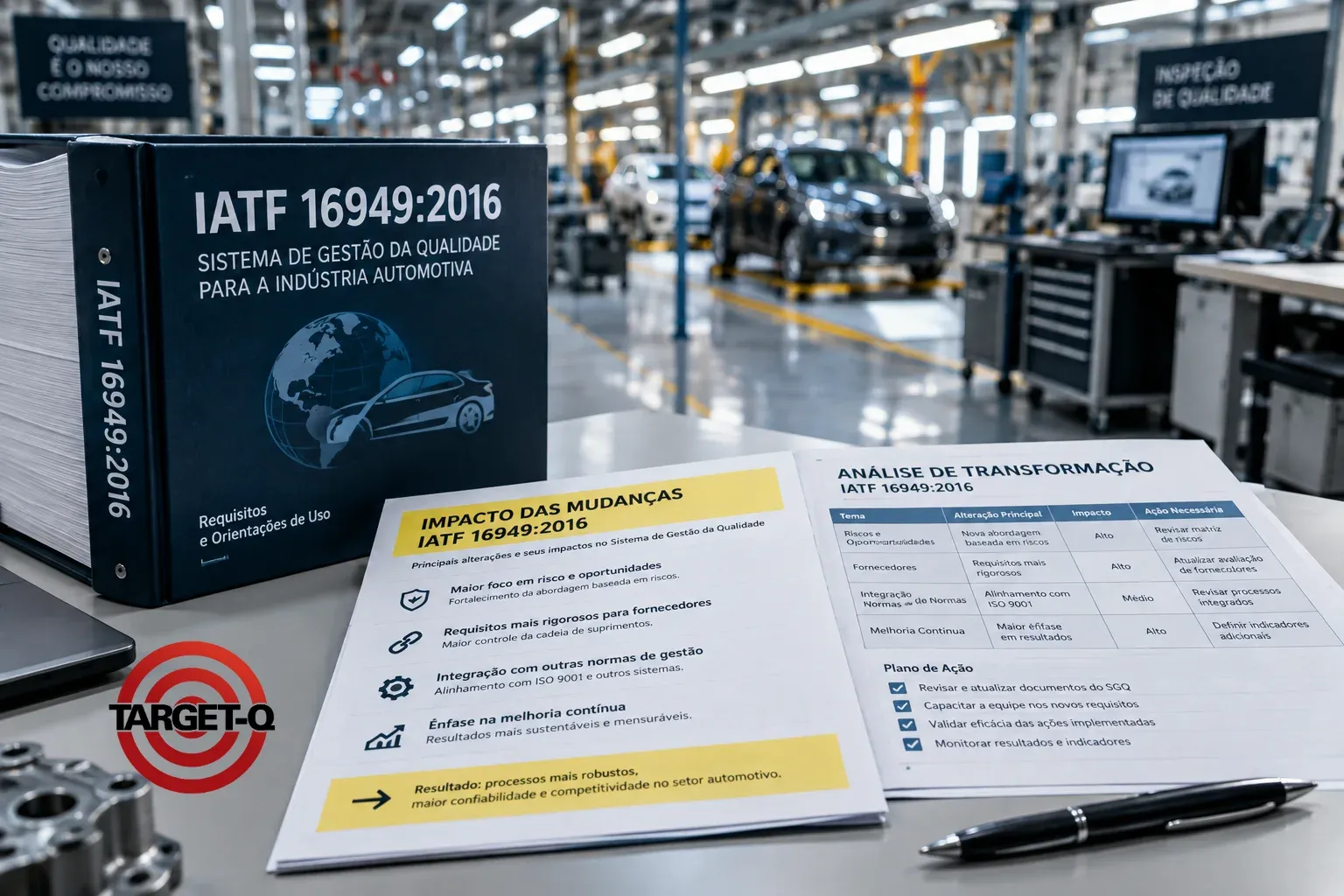 Manual da IATF 16949:2016 e quadro com o impacto das mudanças, com a linha de montagem automotiva ao fundo