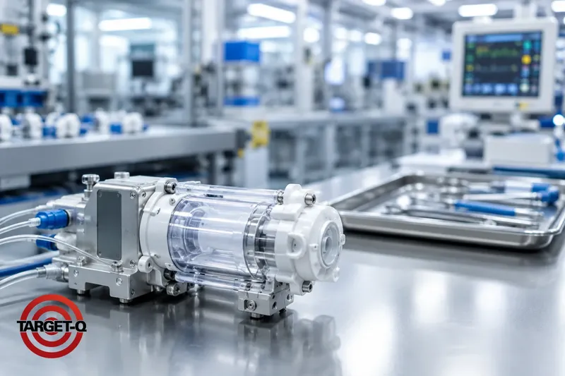 Bomba de dispositivo médico sobre bancada de aço inox, com monitor de sinais vitais ao fundo