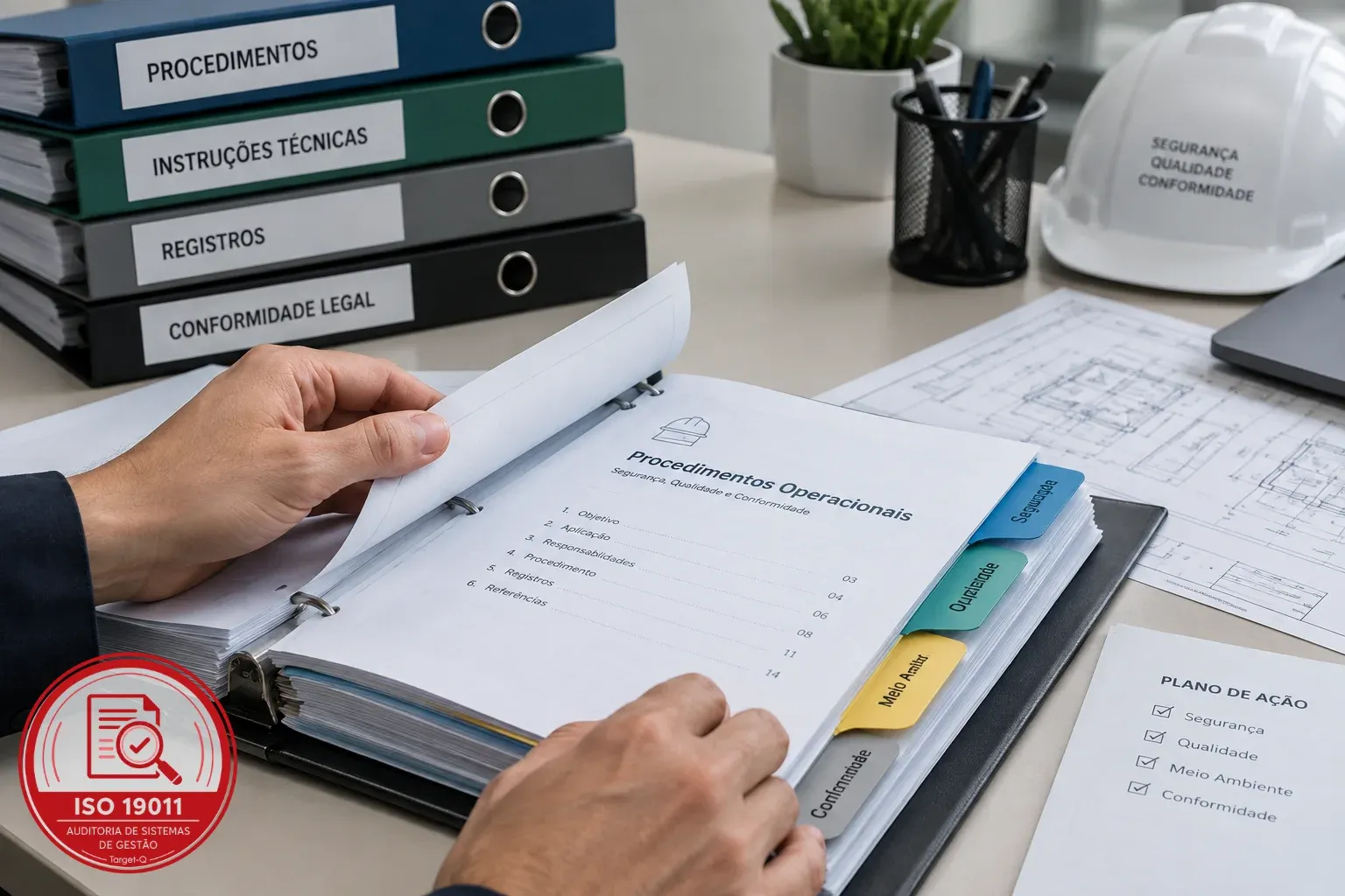 Manual de procedimentos e registros sendo consultado, com o selo ISO 19011