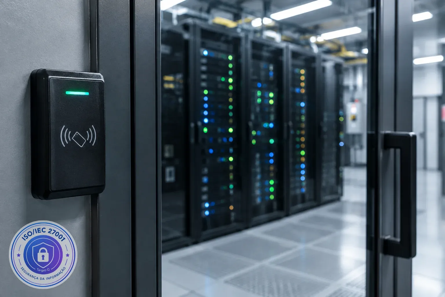 Controle de acesso na porta de uma sala de servidores, com o selo ISO/IEC 27001