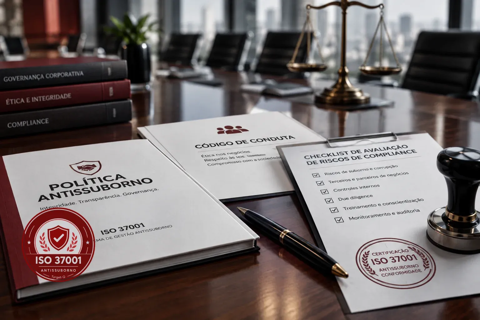 Política antissuborno, código de conduta e checklist de avaliação de riscos sobre a mesa de reunião, com o selo ISO 37001