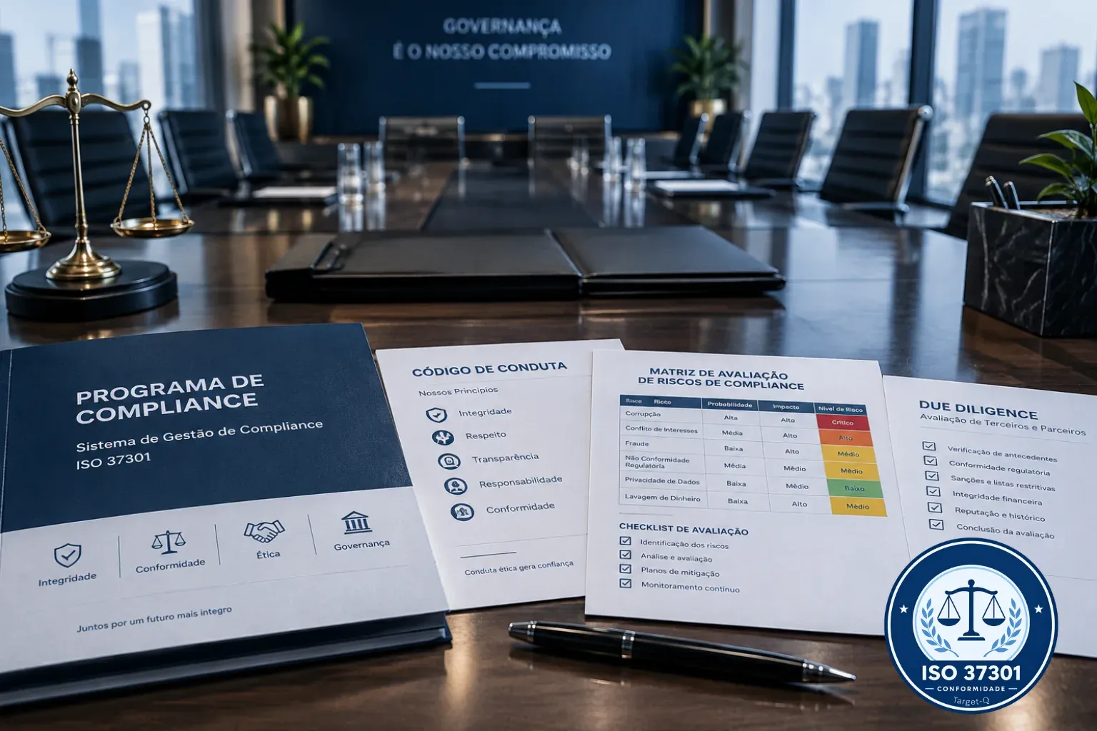 Programa de compliance, código de conduta, matriz de avaliação de riscos e due diligence sobre a mesa de reunião, com o selo ISO 37301