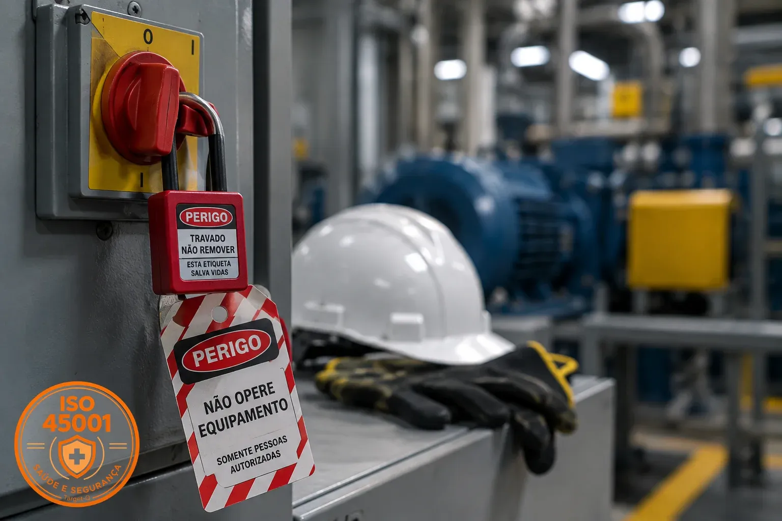 Bloqueio de equipamento com etiqueta de perigo, capacete e luvas, com o selo ISO 45001