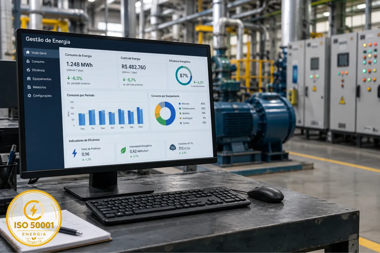 Painel de gestão de energia com consumo e indicadores de eficiência na sala de máquinas, com o selo ISO 50001