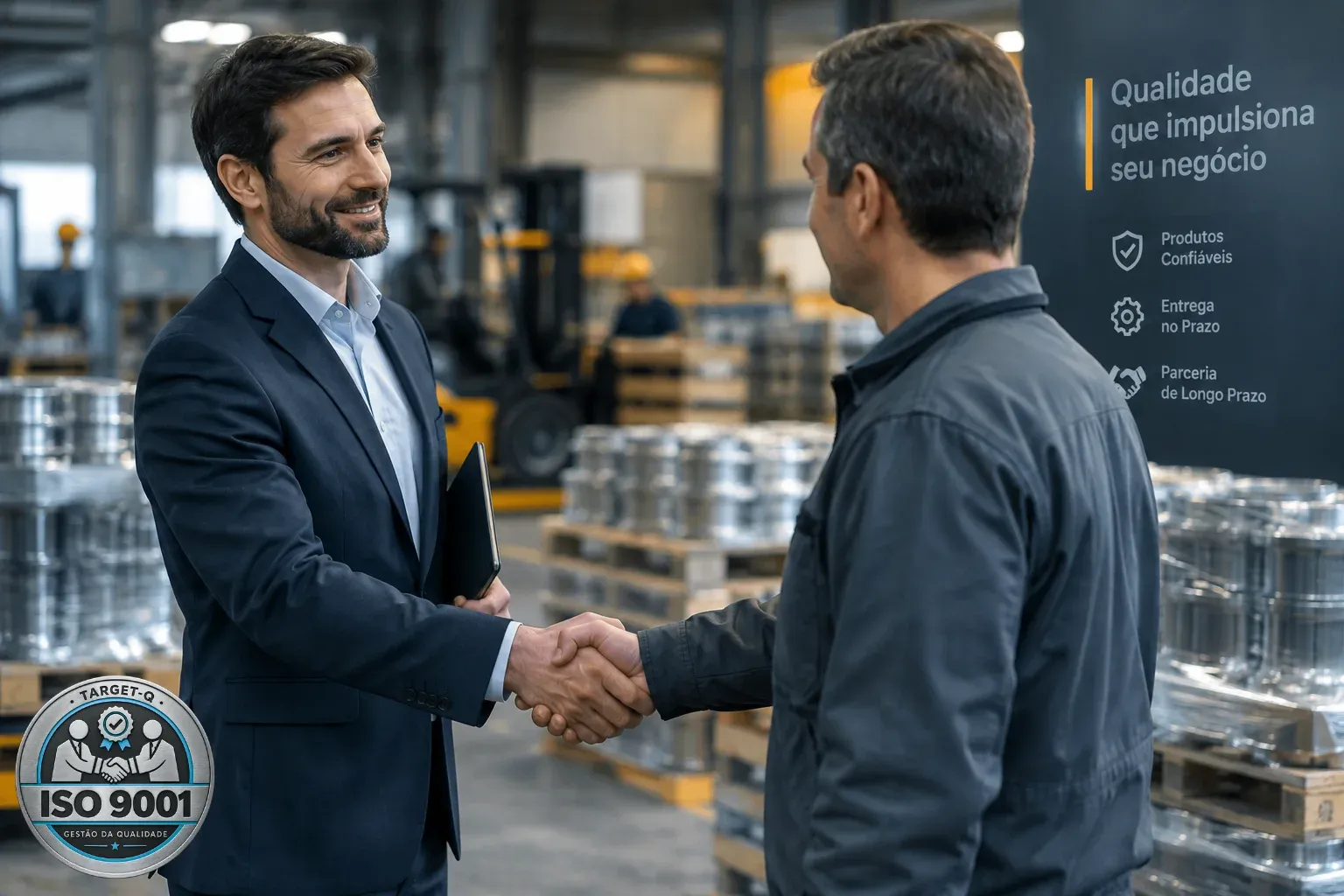 Consultor cumprimentando o gestor de uma fábrica, com o selo ISO 9001