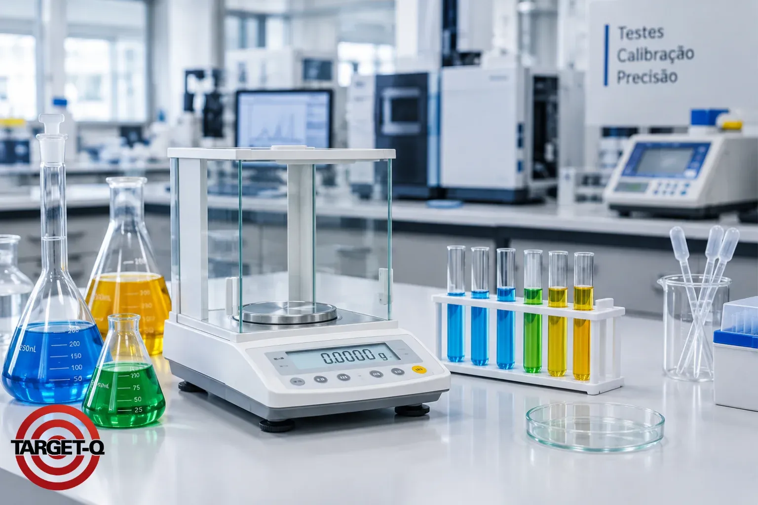 Balança analítica, vidrarias e tubos de ensaio numa bancada de laboratório de calibração