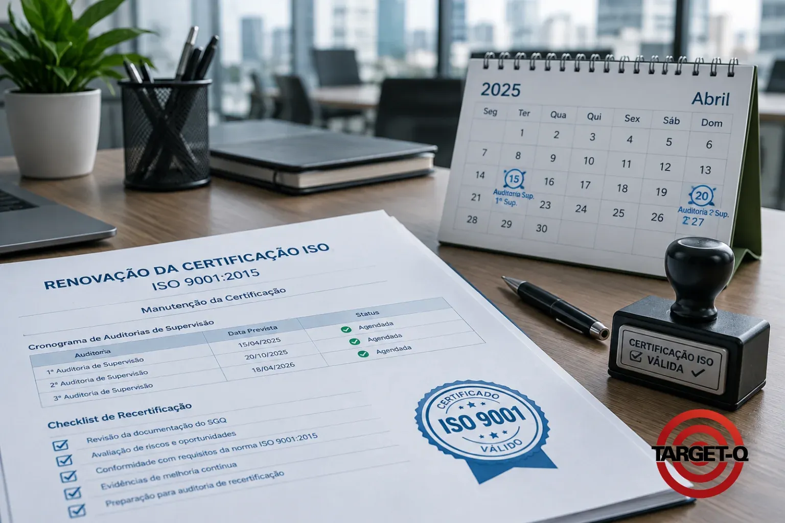 Cronograma de auditorias de supervisão e checklist de recertificação ISO 9001, com calendário e carimbo de certificação válida