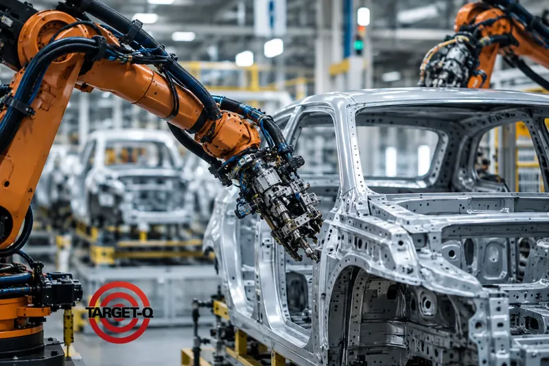 Robôs industriais trabalhando na carroceria de um automóvel na linha de montagem