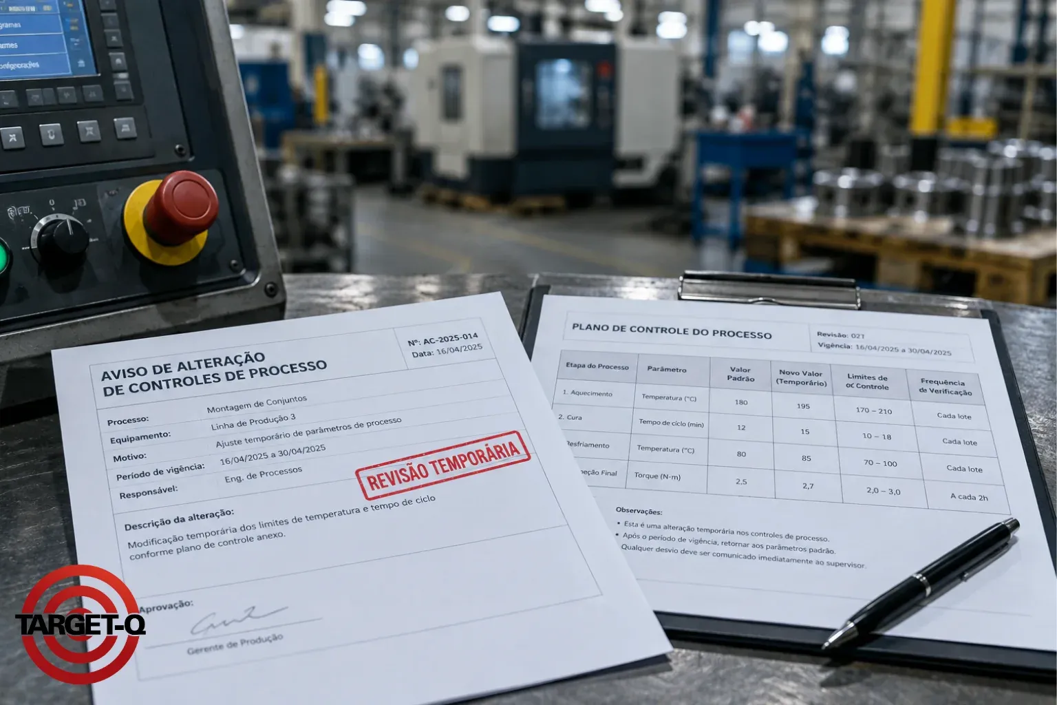 Aviso de alteração temporária de controles de processo ao lado do plano de controle
