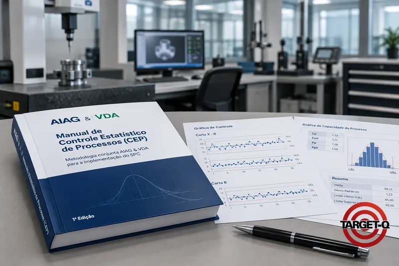 Manual de Controle Estatístico de Processos (CEP) da AIAG & VDA com cartas de controle e histograma de capabilidade sobre a bancada