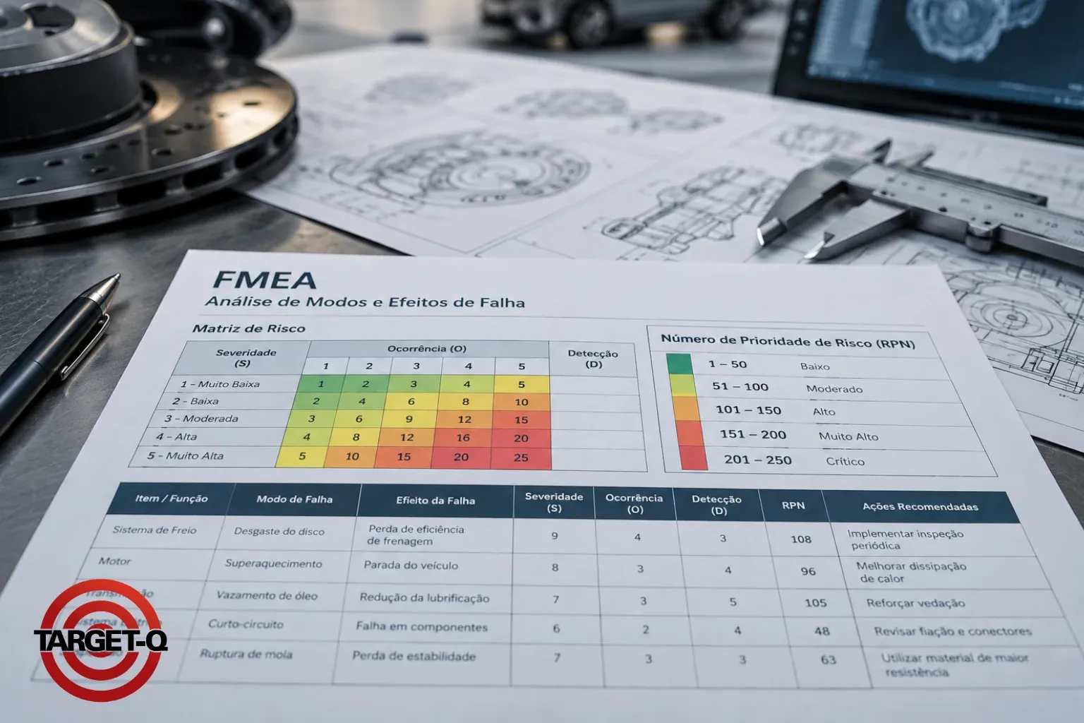 Planilha de FMEA com matriz de risco e número de prioridade, sobre desenho técnico