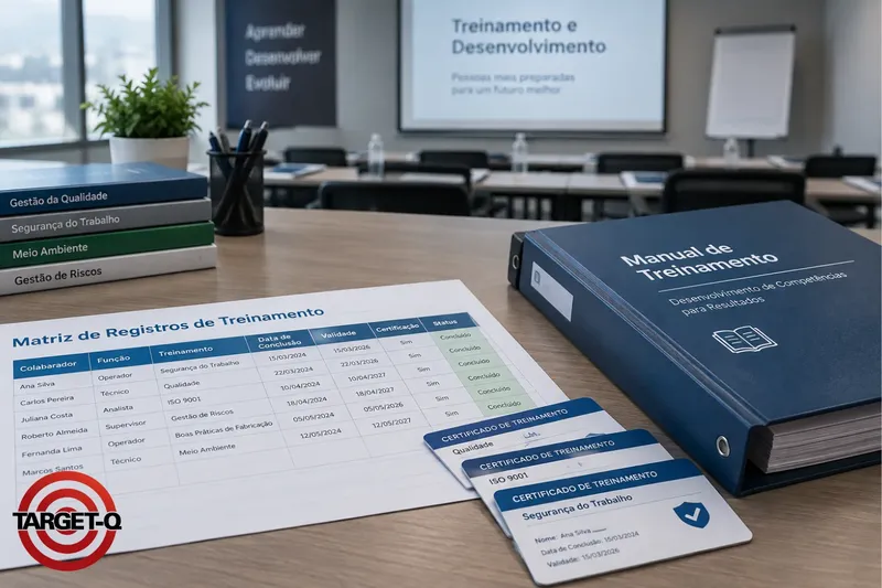 Matriz de registros de treinamento, manual de treinamento e certificados sobre a mesa