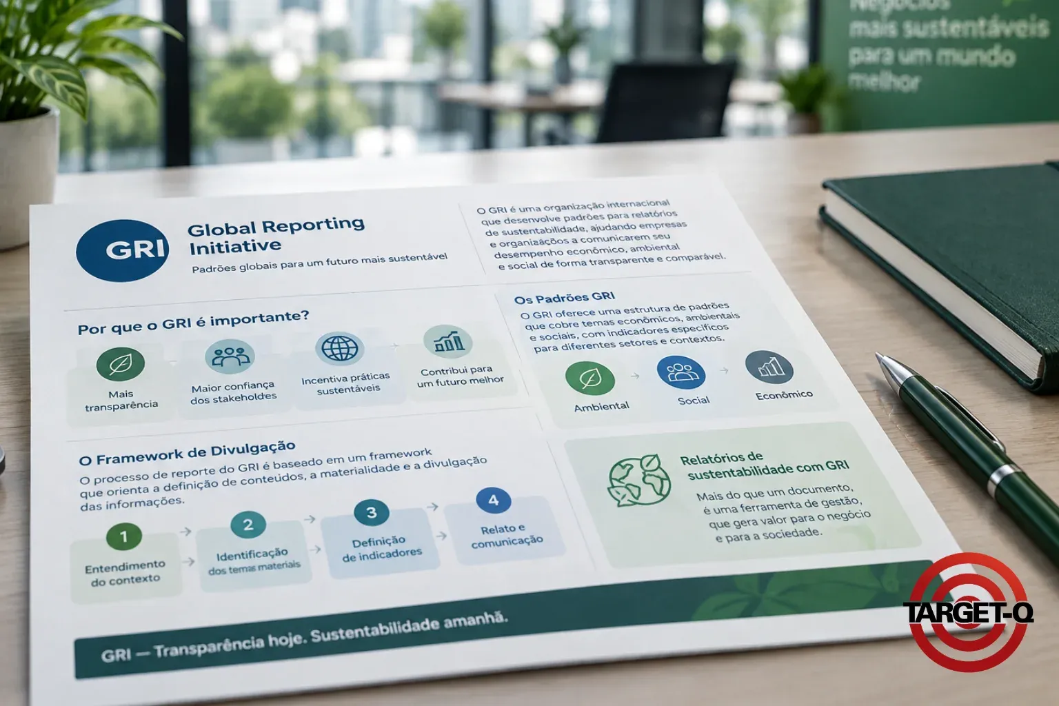 Folheto explicando a Global Reporting Initiative e o seu framework de divulgação