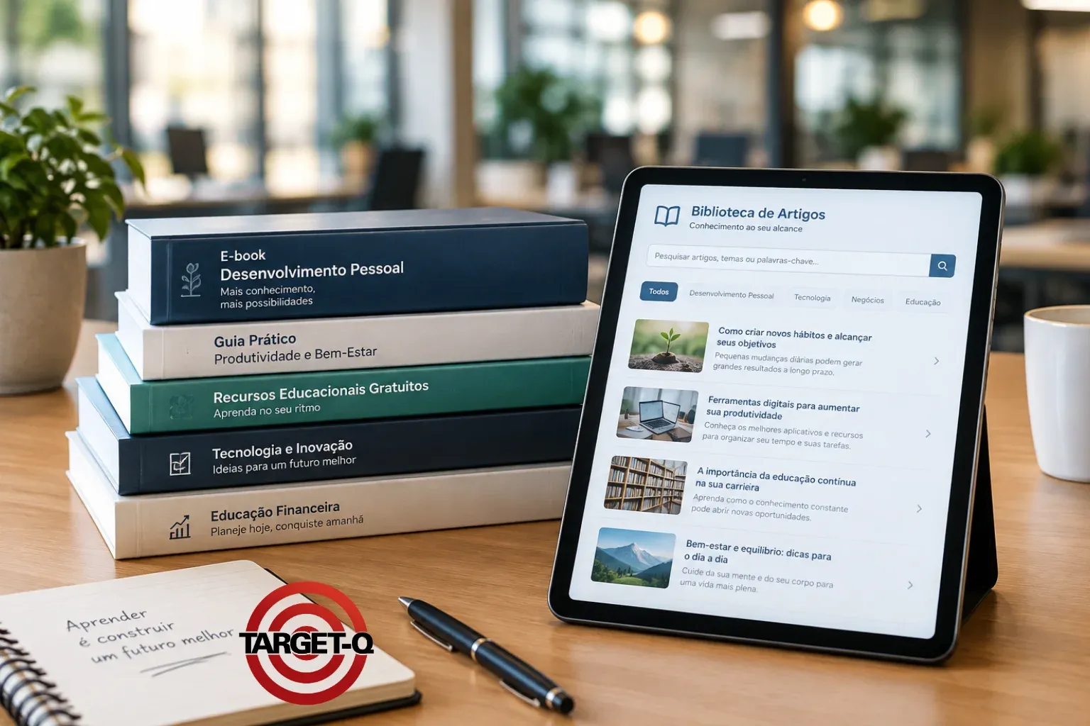 Tablet com a biblioteca de artigos ao lado de e-books e guias gratuitos